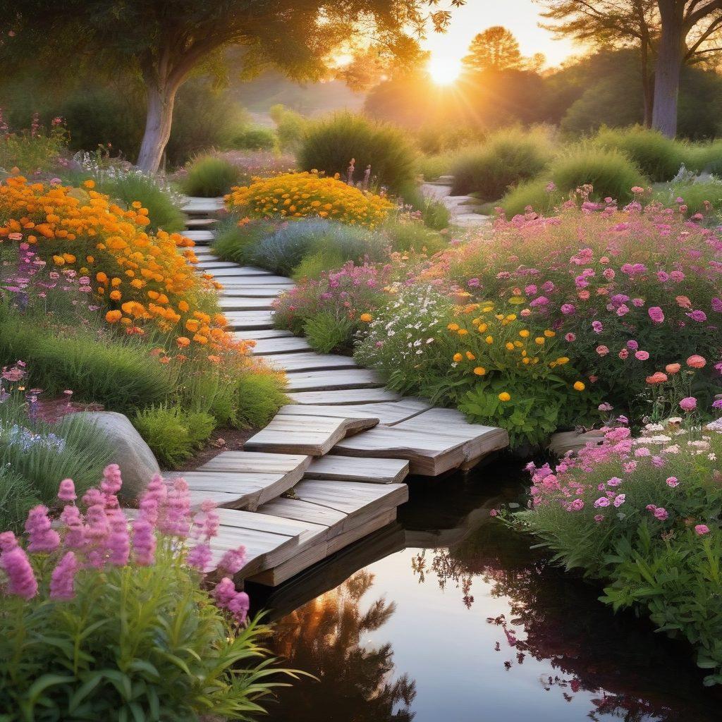 A serene, lush garden setting at sunset, featuring a wooden memorial surrounded by vibrant wildflowers and soft, glowing lanterns, symbolizing a peaceful farewell. Incorporate gentle butterflies fluttering around, conveying a sense of natural beauty and tranquility. A subtle stream flows nearby, reflecting the warm hues of the sky. Emphasize eco-friendly elements and a harmonious connection with nature. super-realistic. vibrant colors. soft lighting.