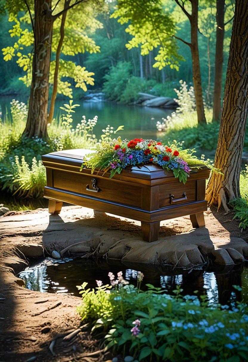 A serene forest setting with gentle sunlight filtering through the trees, featuring an eco-friendly wooden casket adorned with wildflowers. A peaceful stream flows nearby, symbolizing the cycle of life, with birds perched on branches singing. Soft, inviting colors emphasize a tranquil atmosphere, inviting reflection and connection with nature. super-realistic. vibrant colors. natural lighting.