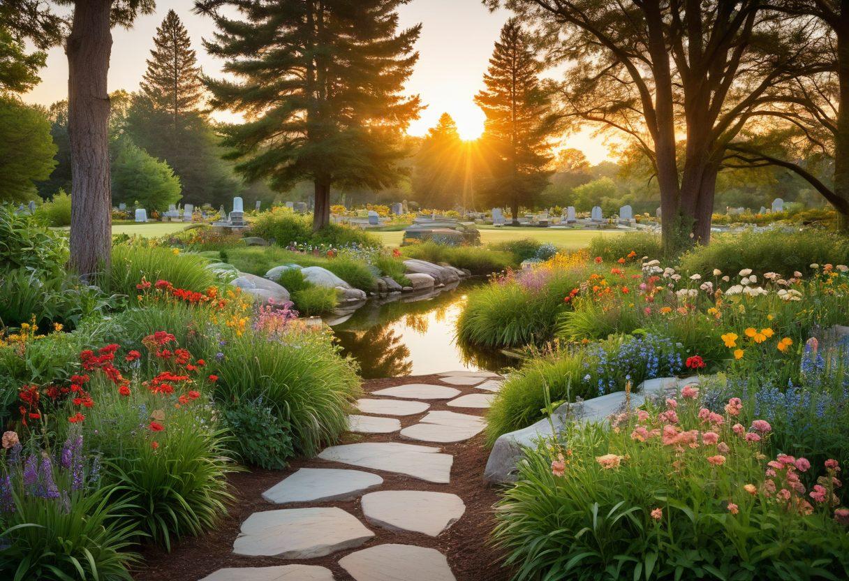 A serene and tranquil cemetery setting with lush greenery and blooming wildflowers, featuring eco-friendly memorial options like biodegradable urns and natural stone markers. A gentle sunset casts a warm glow, symbolizing peace and sustainability. Include a path lined with trees, leading to a small reflective pond. super-realistic. vibrant colors. peaceful ambiance.